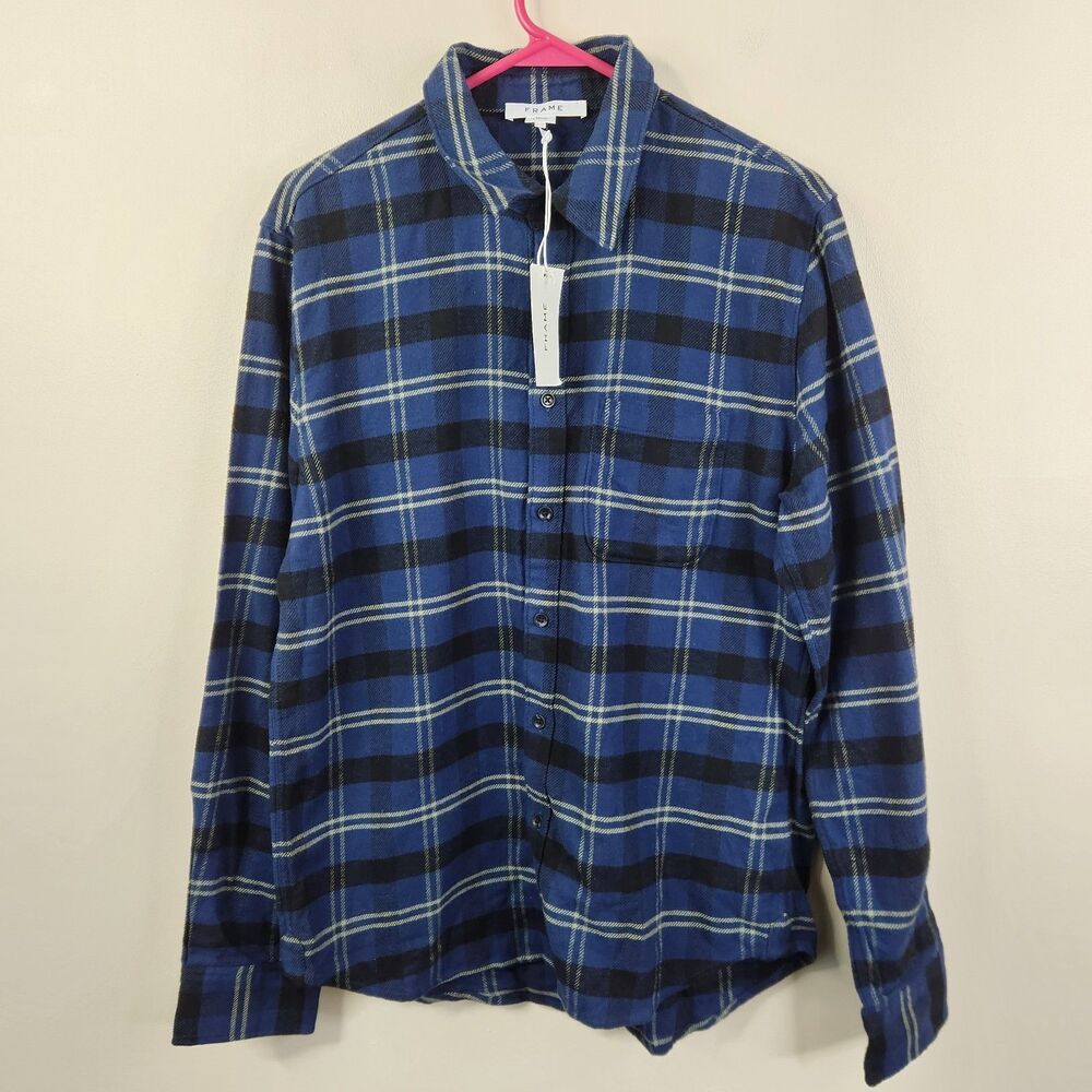 NEW Frame Mens LS Single Pocket Blue Plaid Button Down Classic Fit Shirt S